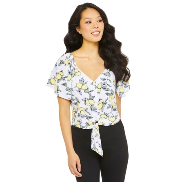 Tops - Lemon Print Flutter Sleeve Tie Front Blouse